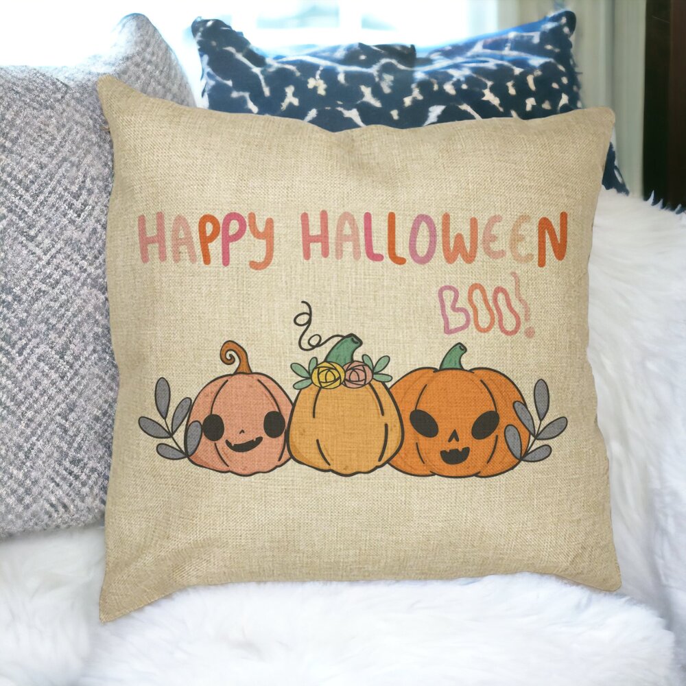 Perna Decorativa cu motiv Dovleac si Text de Halloween, Multicolor, 40x40 cm, Husa Detasabila, Burduf 16 Husa Detasabila