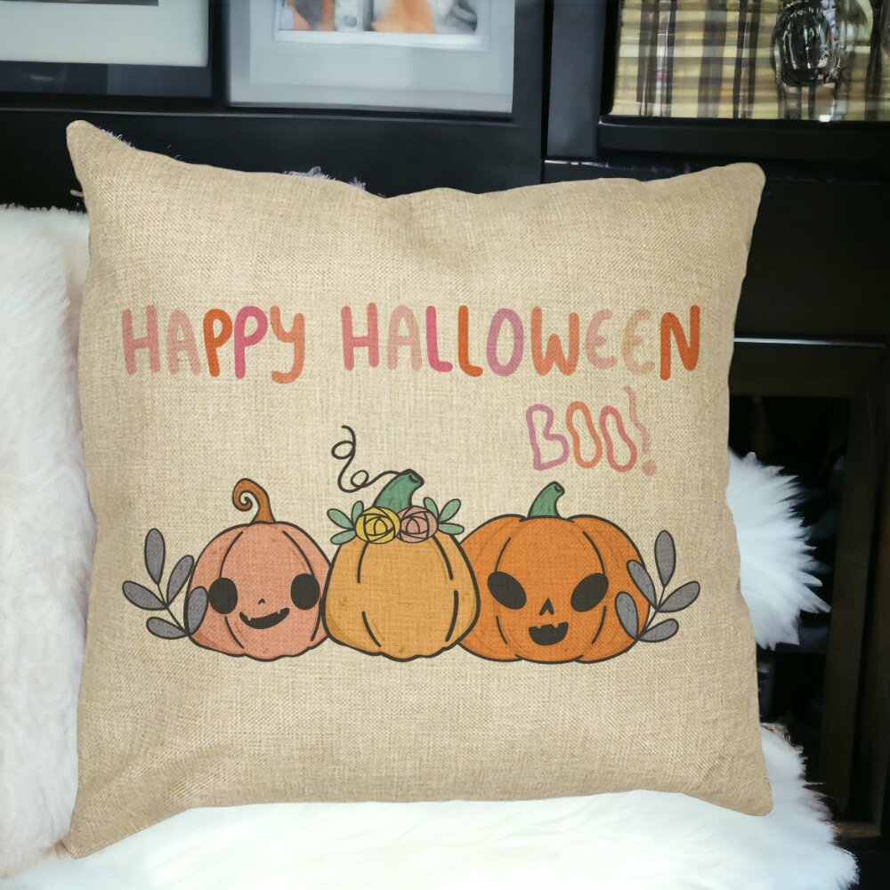 Perna Decorativa cu motiv Dovleac si Text de Halloween, Multicolor, 40x40 cm, Husa Detasabila, Burduf 17 Burduf