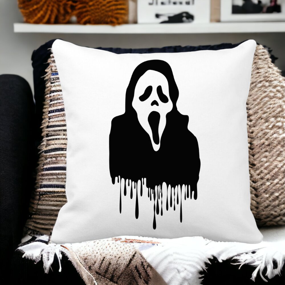 Perna Decorativa cu motiv Fantoma de Halloween 1, 40x40 cm, Alba, Mata, Husa Detasabila, Burduf 13 Alba