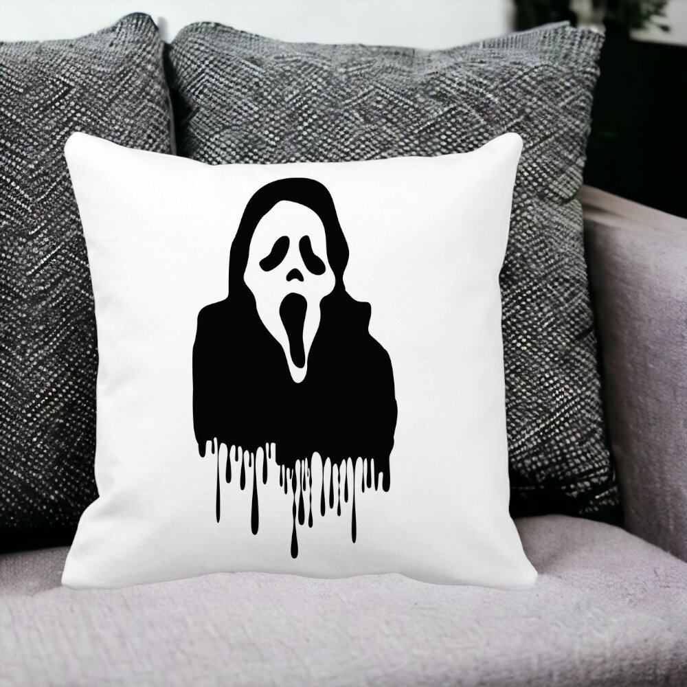 Perna Decorativa cu motiv Fantoma de Halloween 1, 40x40 cm, Alba, Mata, Husa Detasabila, Burduf 14 Mata