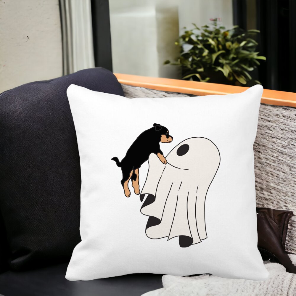 Perna Decorativa cu motiv Fantoma si Caine de Halloween, 40x40 cm, Alba, Mata, Husa Detasabila, Burduf 12 40x40 cm