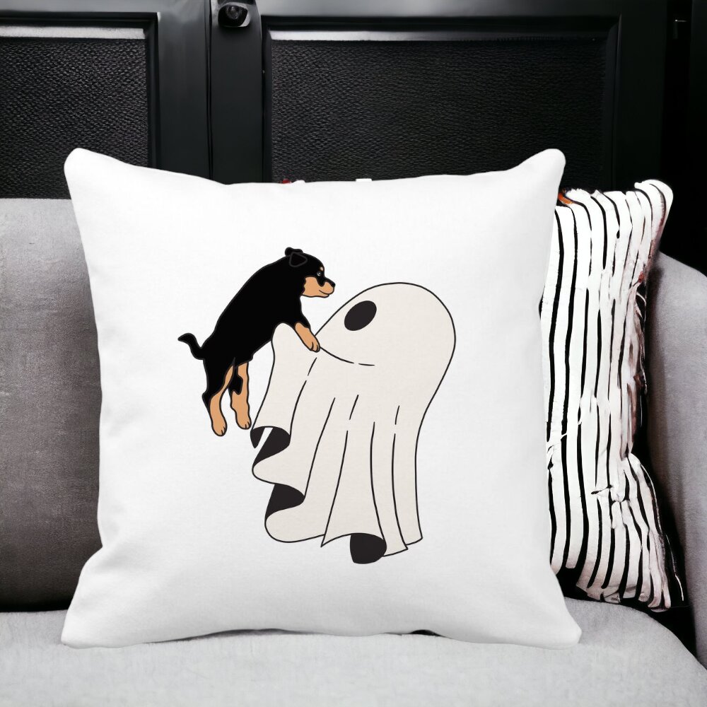 Perna Decorativa cu motiv Fantoma si Caine de Halloween, 40x40 cm, Alba, Mata, Husa Detasabila, Burduf 13 Alba