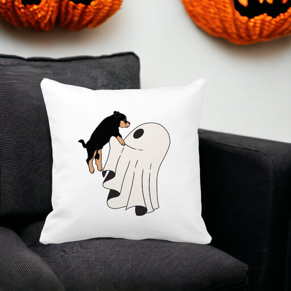 Perna Decorativa cu motiv Fantoma si Caine de Halloween, 40x40 cm, Alba, Mata, Husa Detasabila, Burduf 14 Mata