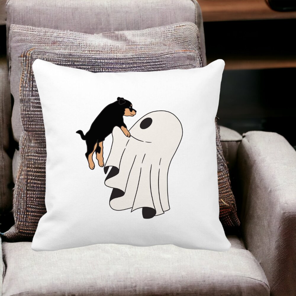 Perna Decorativa cu motiv Fantoma si Caine de Halloween, 40x40 cm, Alba, Mata, Husa Detasabila, Burduf 15 Husa Detasabila