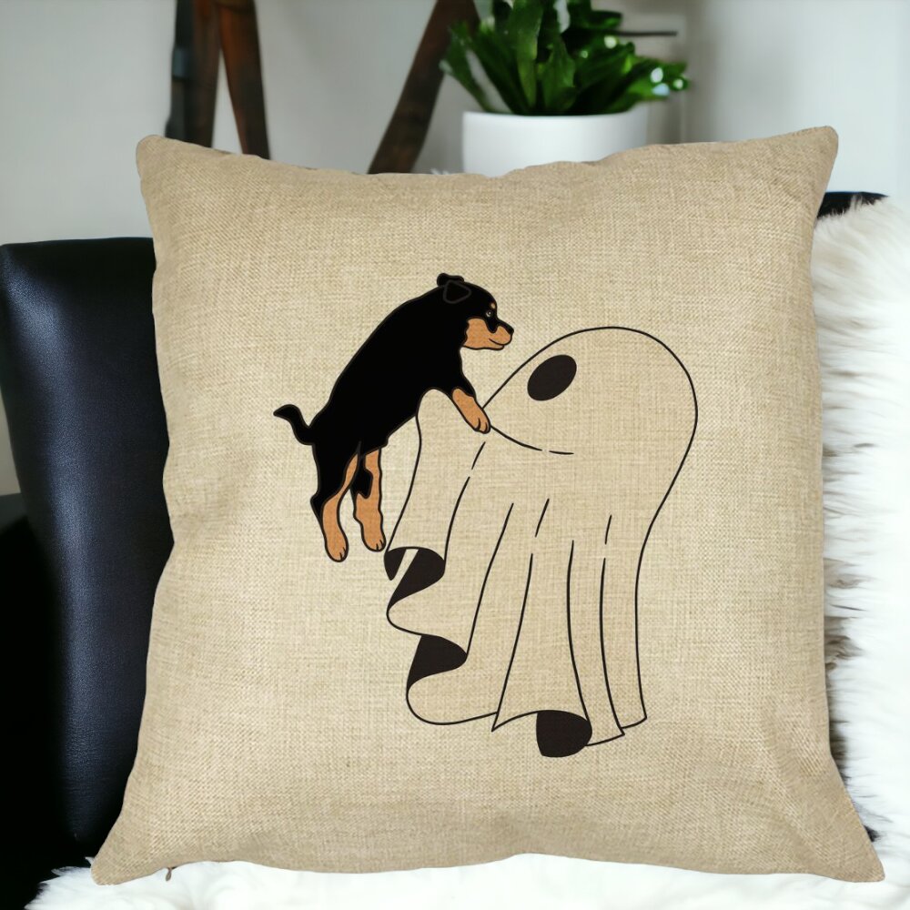 Perna Decorativa cu motiv Fantoma si Caine de Halloween, 40x40 cm, Husa Detasabila, Burduf 16 Burduf