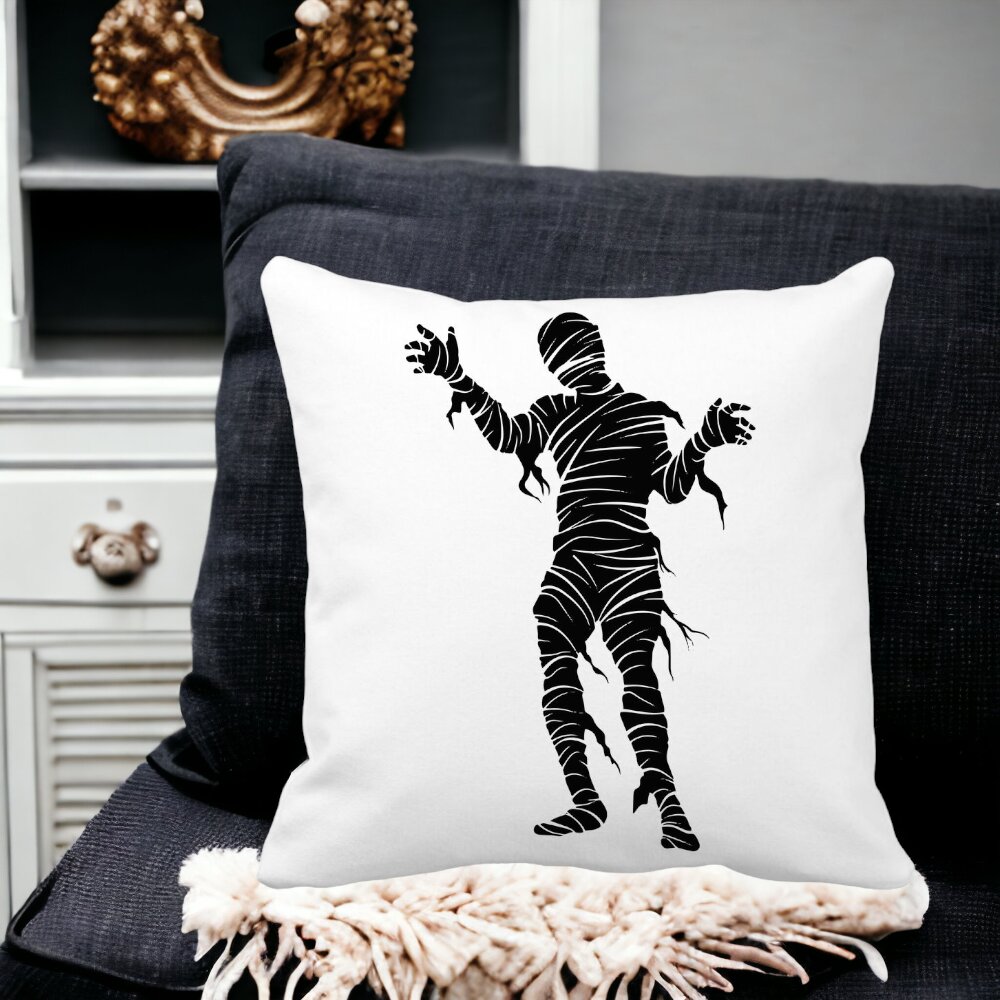 Perna Decorativa cu motiv Mumie de Halloween 2, 40x40 cm, Alba, Mata, Husa Detasabila, Burduf 14 Mata