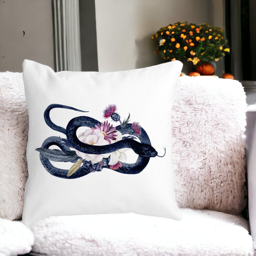 Perna Decorativa cu motiv Sarpe si Flori de Halloween, 40x40 cm, Alba, Mata, Husa Detasabila, Burduf 13 Alba