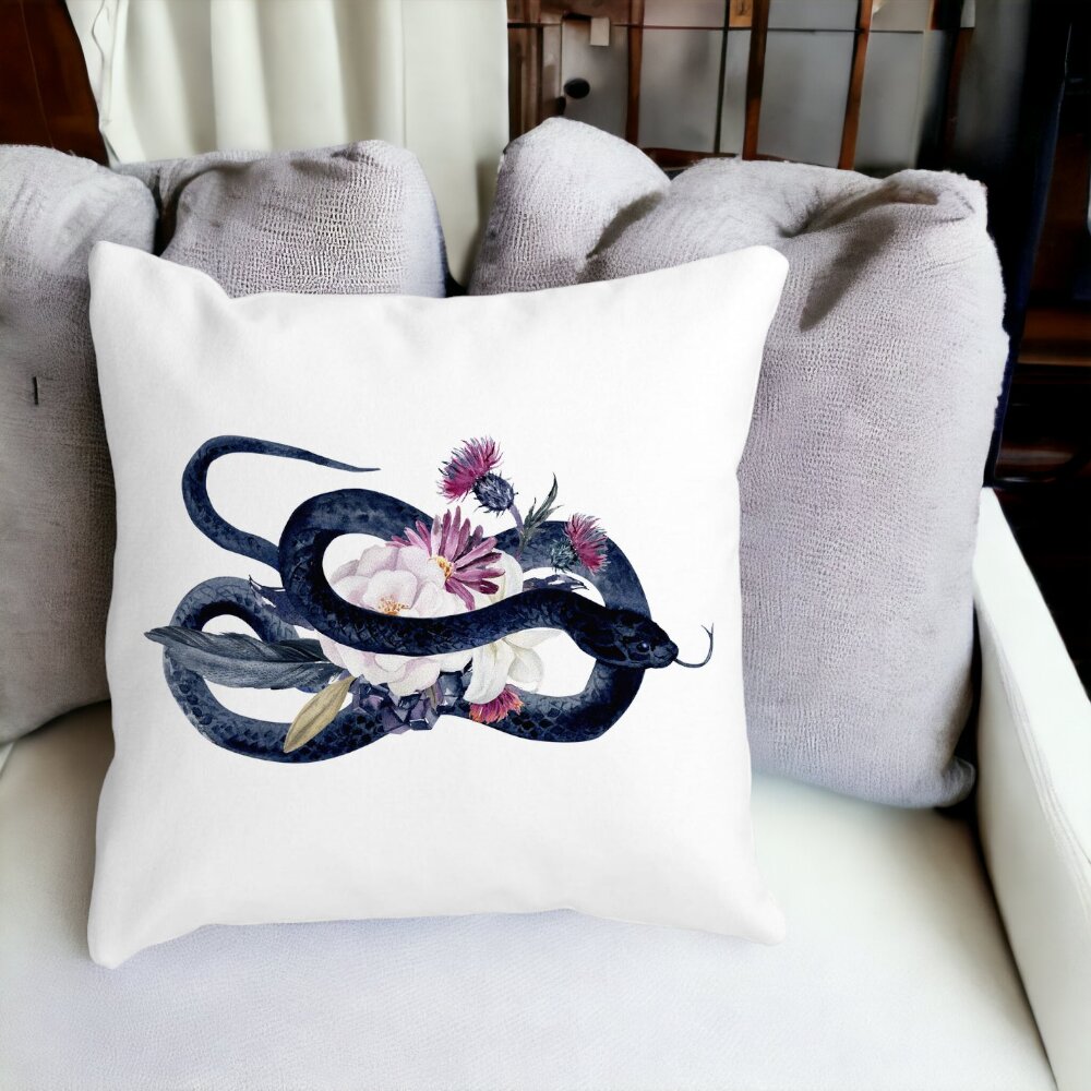 Perna Decorativa cu motiv Sarpe si Flori de Halloween, 40x40 cm, Alba, Mata, Husa Detasabila, Burduf 14 Mata