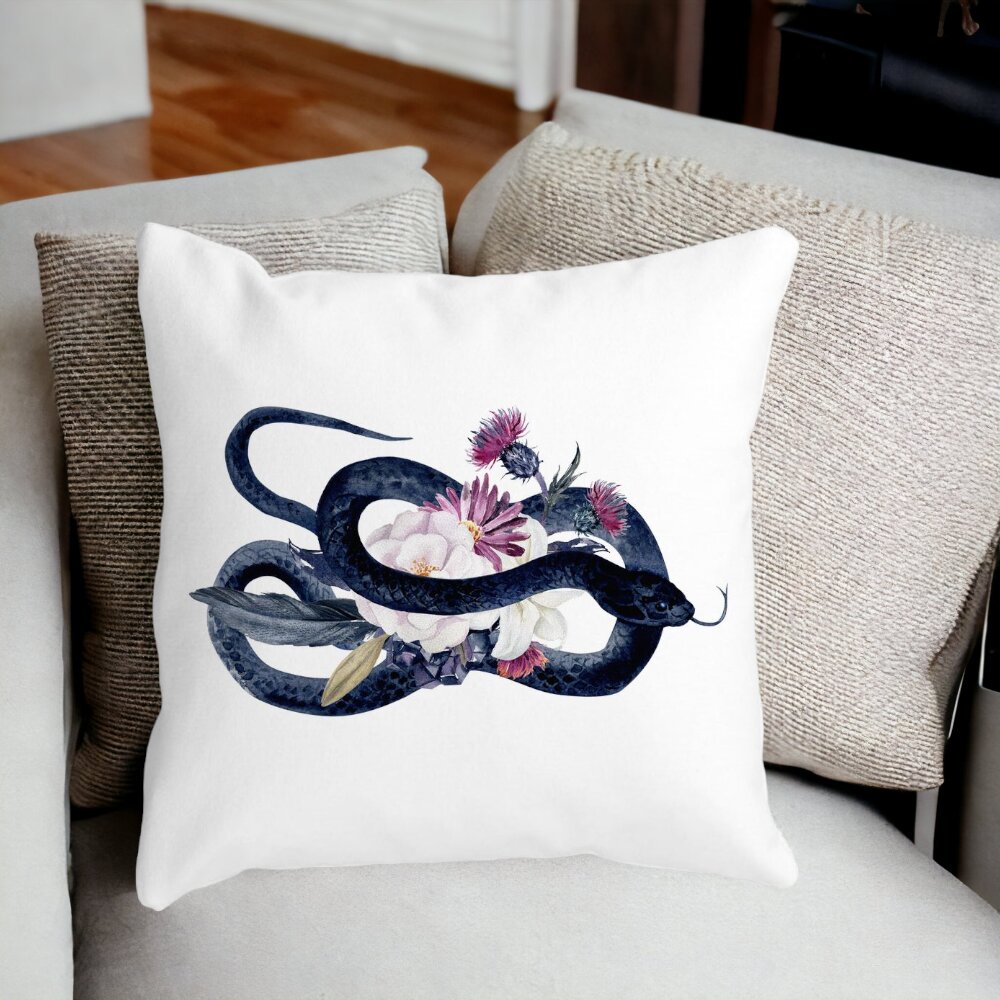 Perna Decorativa cu motiv Sarpe si Flori de Halloween, 40x40 cm, Alba, Mata, Husa Detasabila, Burduf 15 Husa Detasabila