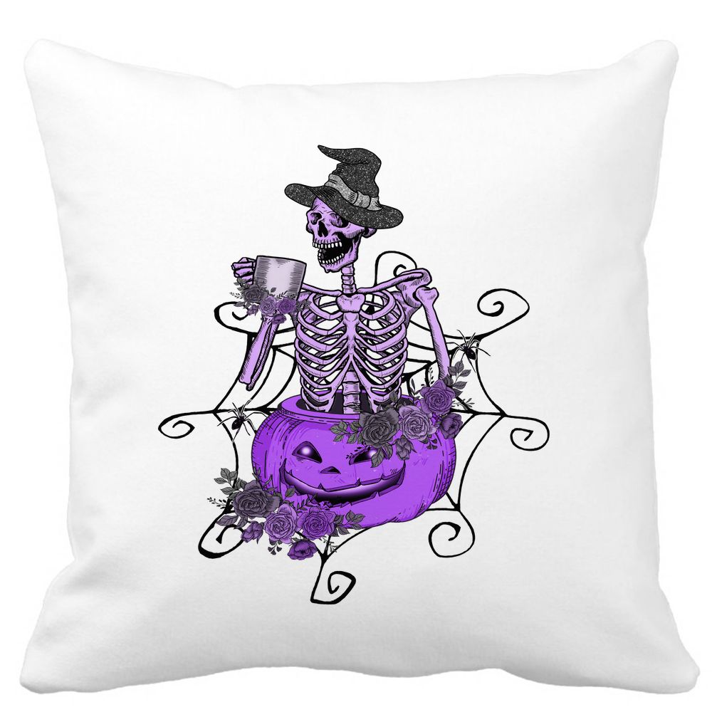Perna Decorativa cu motiv Sechelet de Halloween 4, 40x40 cm, Alba, Mata, Husa Detasabila, Burduf 13 Perna Decorativa cu motiv Sechelet de Halloween 4