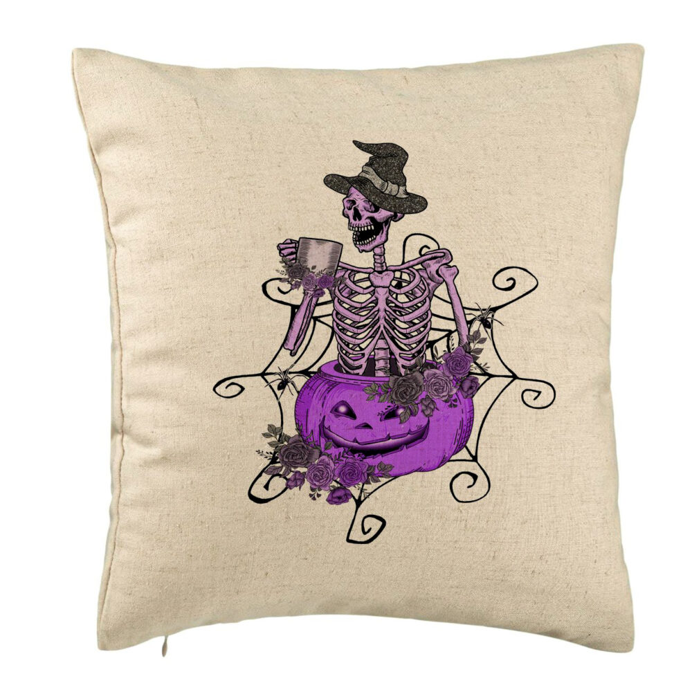 Perna Decorativa cu motiv Sechelet de Halloween 4, 40x40 cm, Bej, Husa Detasabila, Burduf 5 Perna Decorativa cu motiv Sechelet de Halloween 4