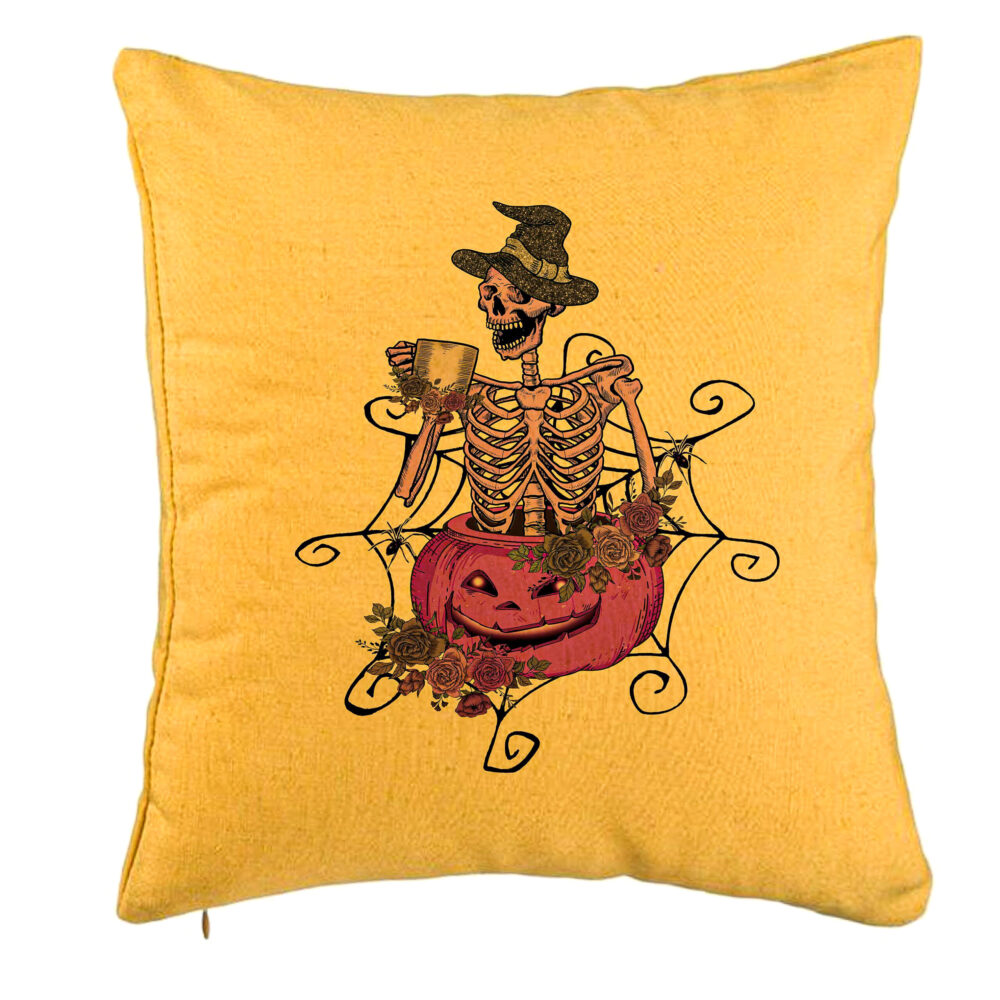 Perna Decorativa cu motiv Sechelet de Halloween 4, 40x40 cm, Galben, Husa Detasabila, Burduf 5 Perna Decorativa cu motiv Sechelet de Halloween 4