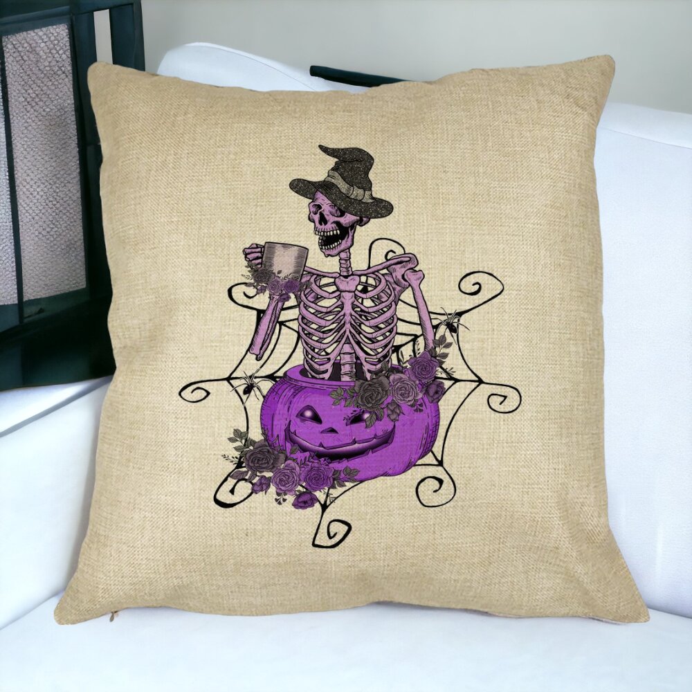 Perna Decorativa cu motiv Sechelet de Halloween 4, 40x40 cm, Husa Detasabila, Burduf 16 Burduf