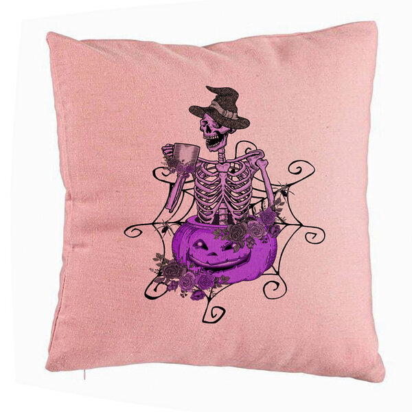 Perna Decorativa cu motiv Sechelet de Halloween 4, 40x40 cm, Roz, Husa Detasabila, Burduf 5 Perna Decorativa cu motiv Sechelet de Halloween 4