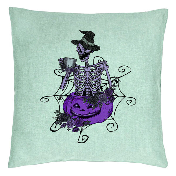Perna Decorativa cu motiv Sechelet de Halloween 4, 40x40 cm, Verde Menta, Husa Detasabila, Burduf 5 Perna Decorativa cu motiv Sechelet de Halloween 4