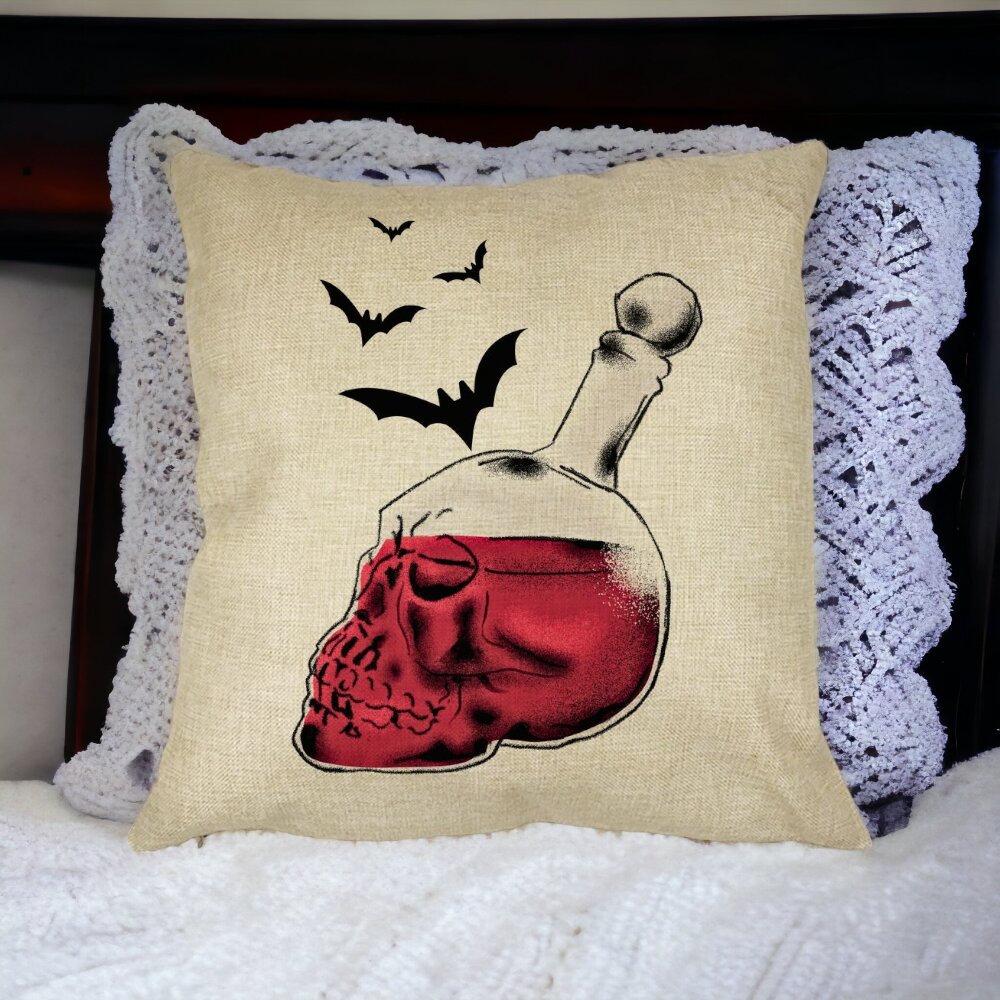 Perna Decorativa cu motiv Sticla Craniu de Halloween 1, 40x40 cm, Husa Detasabila, Burduf 14 Burduf