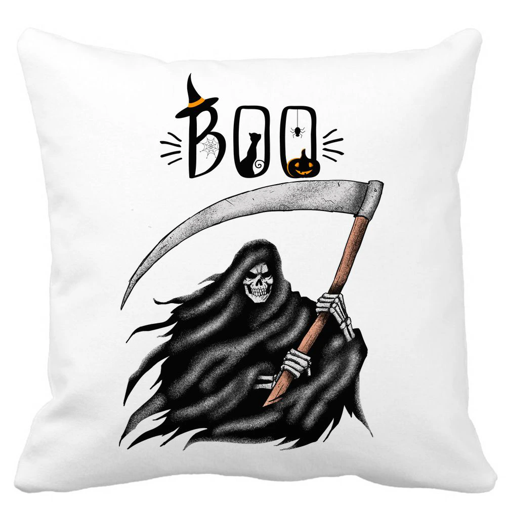 Perna Decorativa cu motiv The Grim Reaper, de Halloween, 40x40 cm, Alba, Mata, Husa Detasabila, Burduf 11 Perna Decorativa cu motiv The Grim Reaper