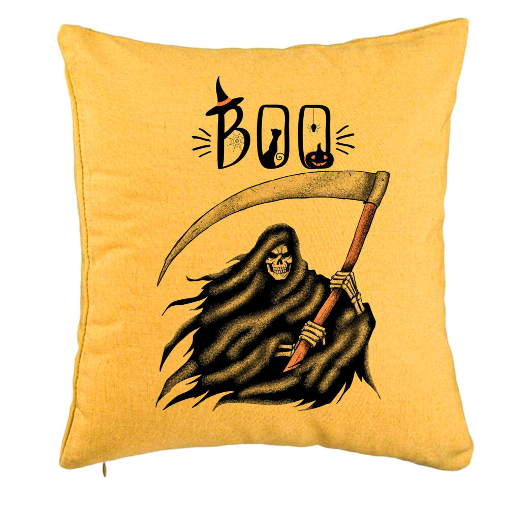 Perna Decorativa cu motiv The Grim Reaper, de Halloween, 40x40 cm, Galben, Husa Detasabila, Burduf 5 Perna Decorativa cu motiv The Grim Reaper