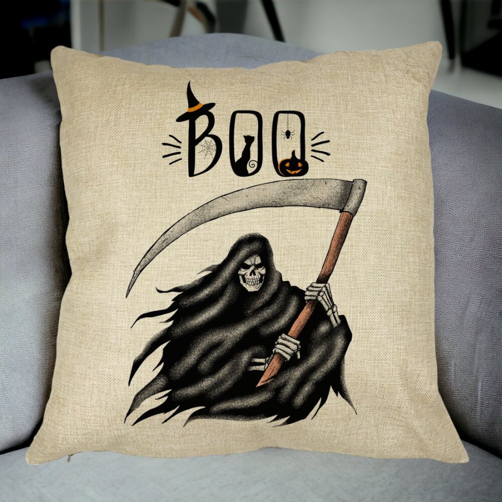 Perna Decorativa cu motiv The Grim Reaper, de Halloween, 40x40 cm, Husa Detasabila, Burduf 14 Husa Detasabila