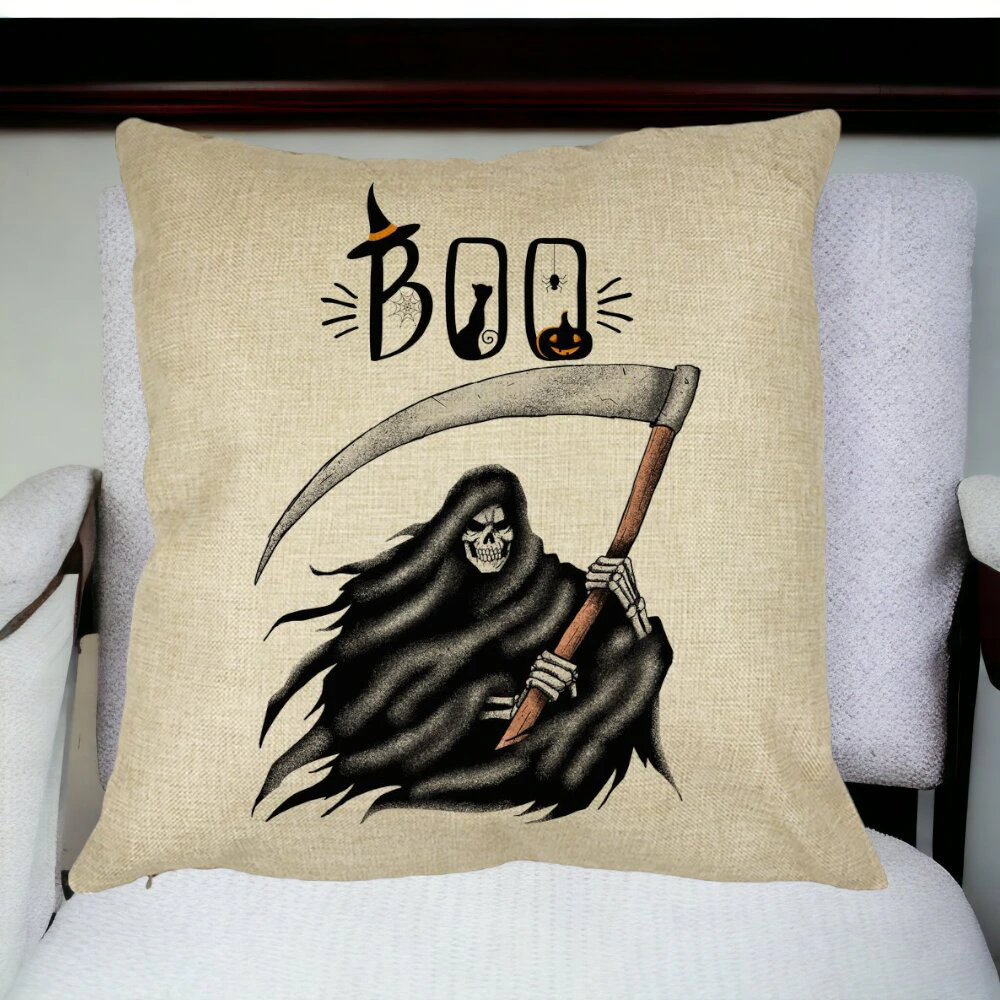 Perna Decorativa cu motiv The Grim Reaper, de Halloween, 40x40 cm, Husa Detasabila, Burduf 15 Burduf