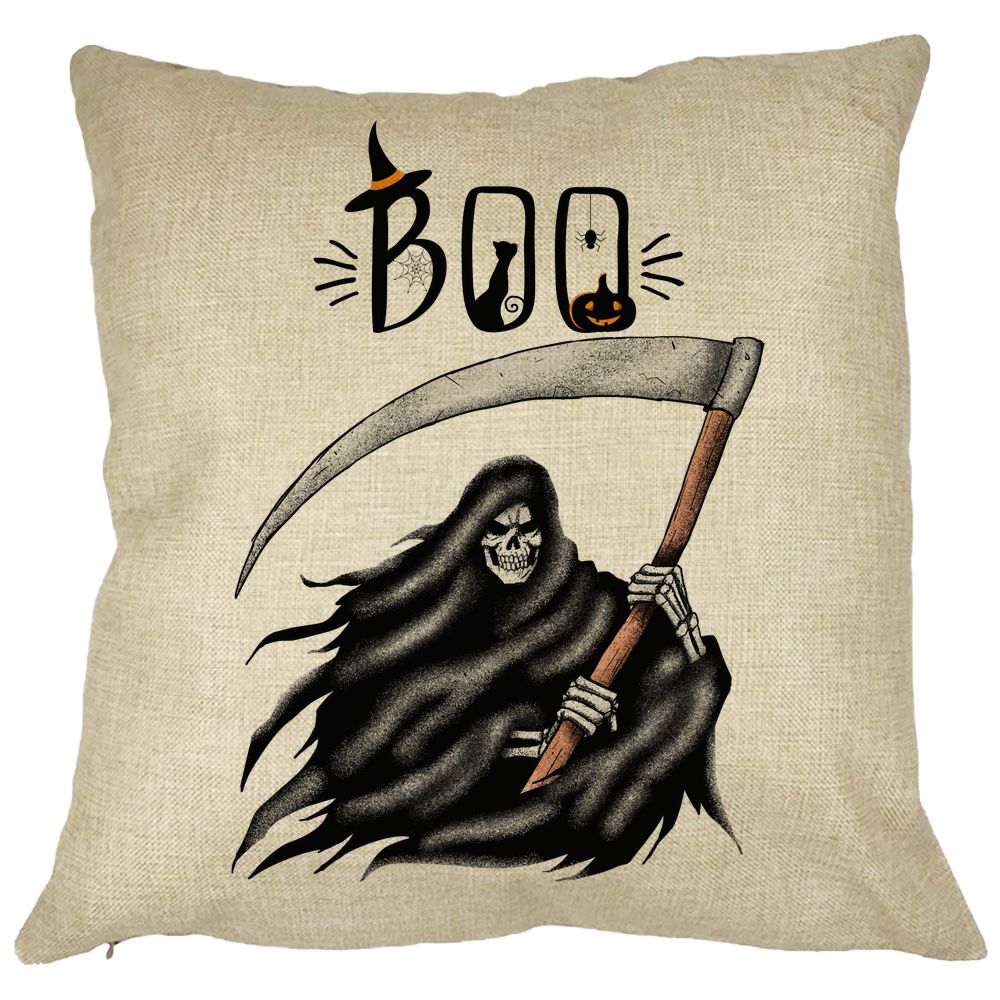 Perna Decorativa cu motiv The Grim Reaper, de Halloween, 40x40 cm, Husa Detasabila, Burduf 13 Perna Decorativa cu motiv The Grim Reaper