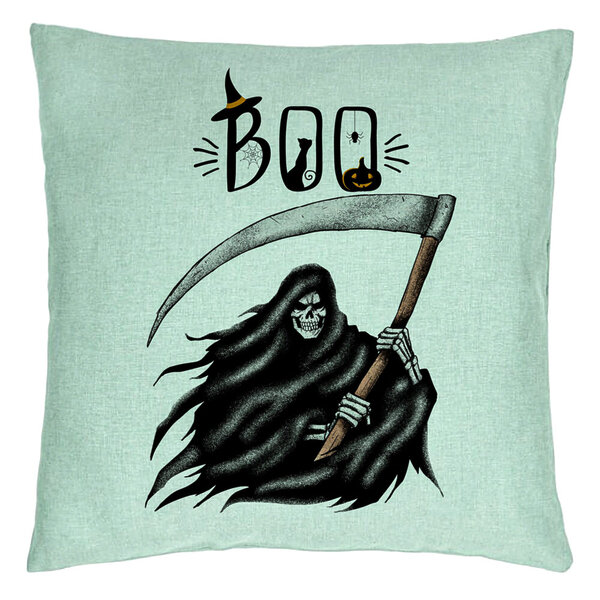 Perna Decorativa cu motiv The Grim Reaper, de Halloween, 40x40 cm, Verde Menta, Husa Detasabila, Burduf 5 Perna Decorativa cu motiv The Grim Reaper