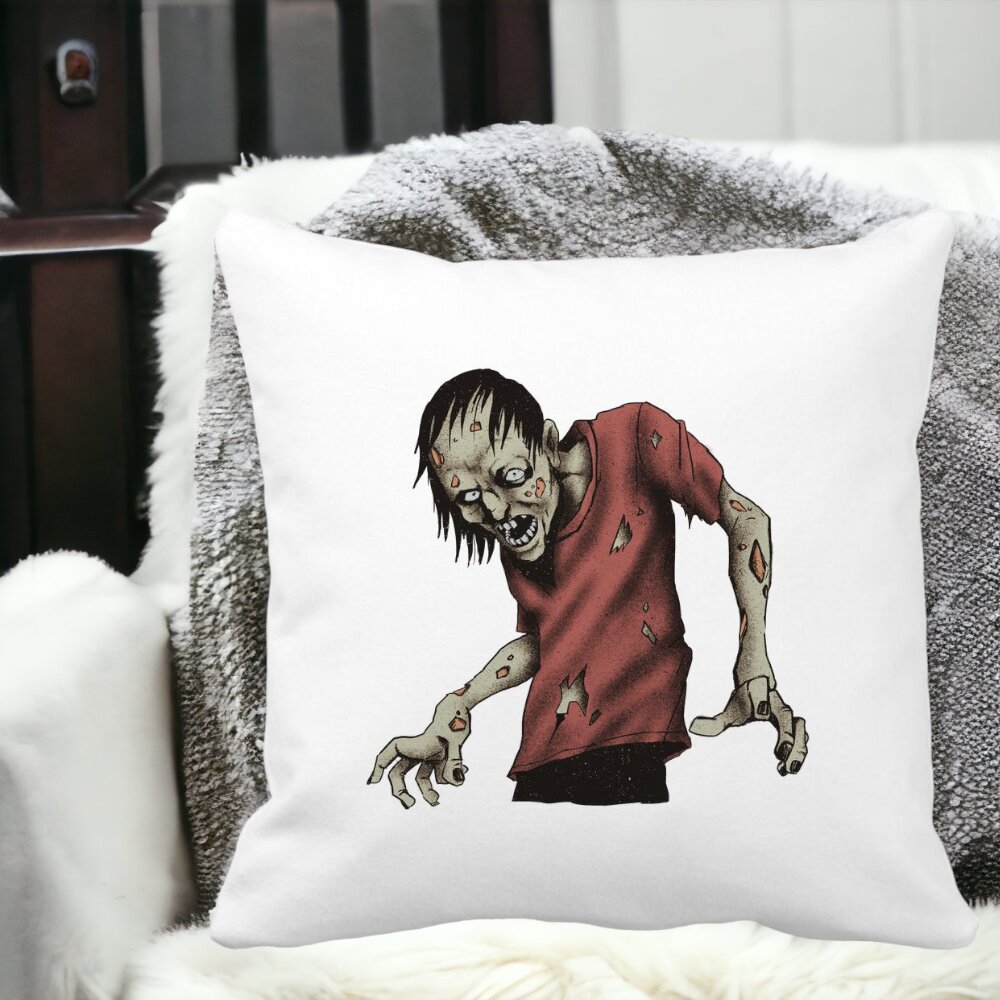 Perna Decorativa cu motiv Zombie de Halloween 1, 40x40 cm, Alba, Mata, Husa Detasabila, Burduf 13 Alba