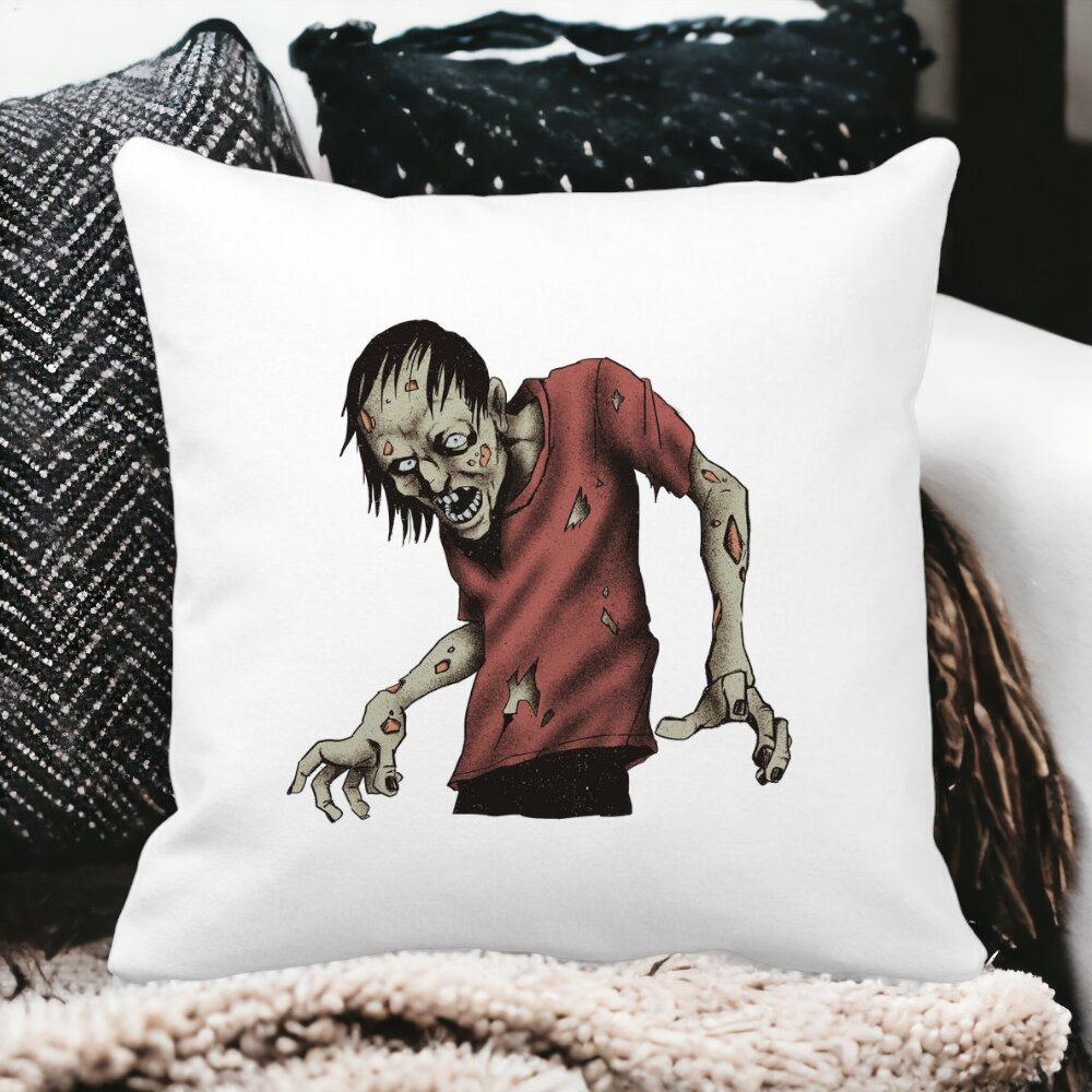 Perna Decorativa cu motiv Zombie de Halloween 1, 40x40 cm, Alba, Mata, Husa Detasabila, Burduf 14 Mata