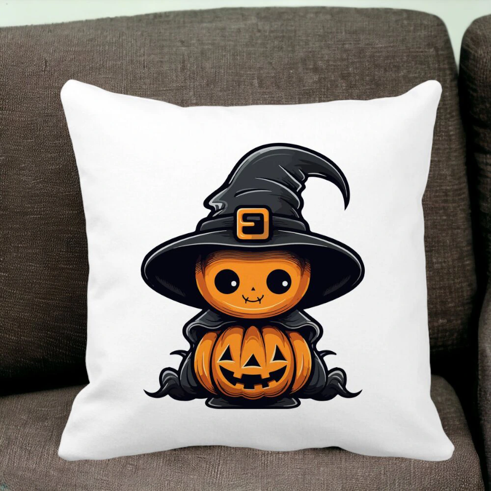 Perna Decorativa cu motiv de Halloween 1, 40x40 cm, Alba, Mata, Husa Detasabila, Burduf 14 Mata
