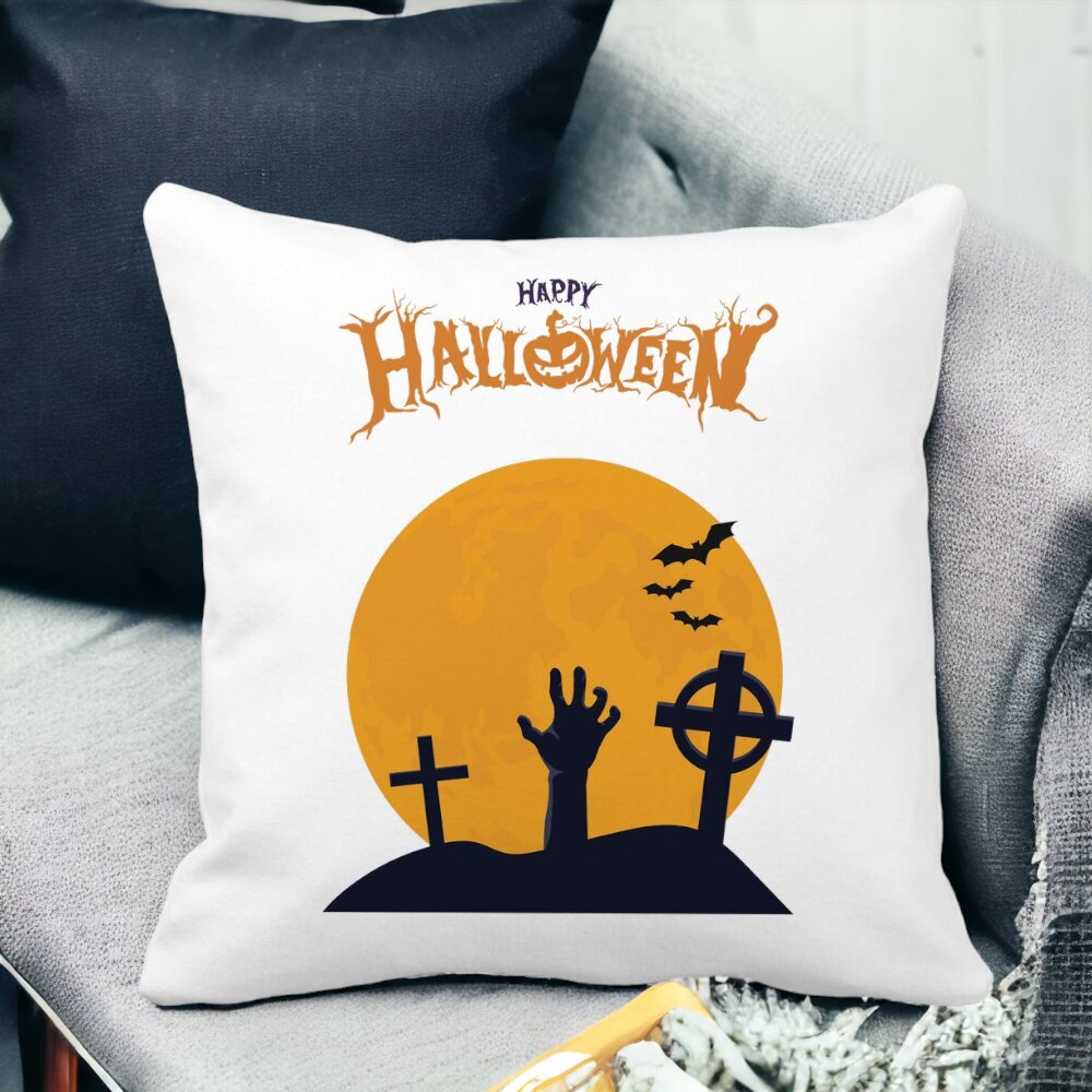 Perna Decorativa cu motiv de Halloween 2, 40x40 cm, Alba, Mata, Husa Detasabila, Burduf 12 40x40 cm
