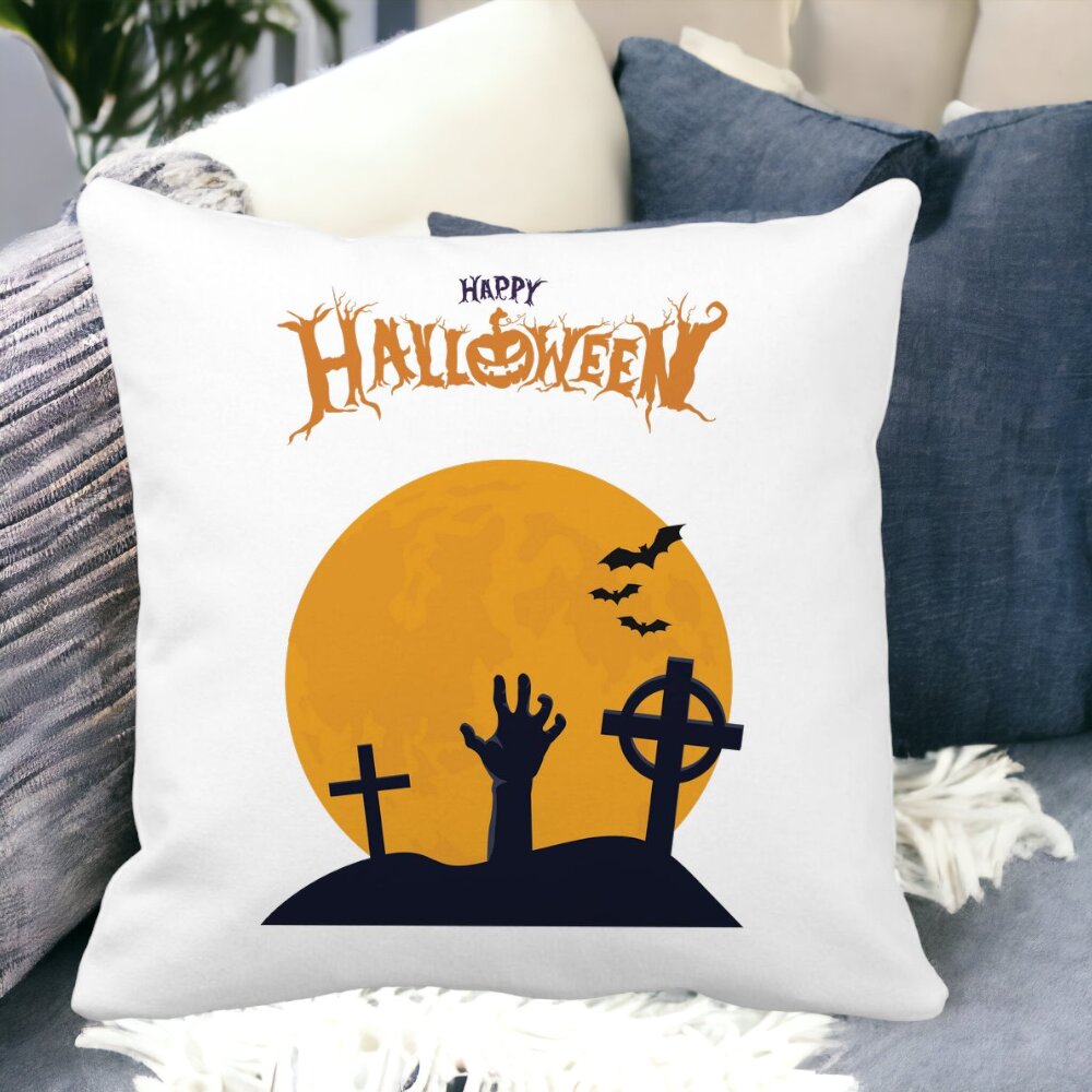 Perna Decorativa cu motiv de Halloween 2, 40x40 cm, Alba, Mata, Husa Detasabila, Burduf 13 Alba