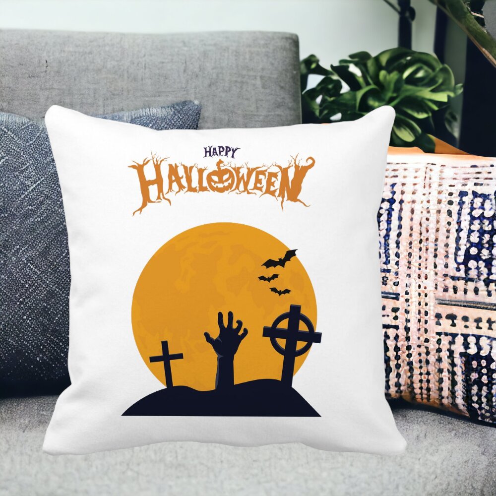 Perna Decorativa cu motiv de Halloween 2, 40x40 cm, Alba, Mata, Husa Detasabila, Burduf 14 Mata