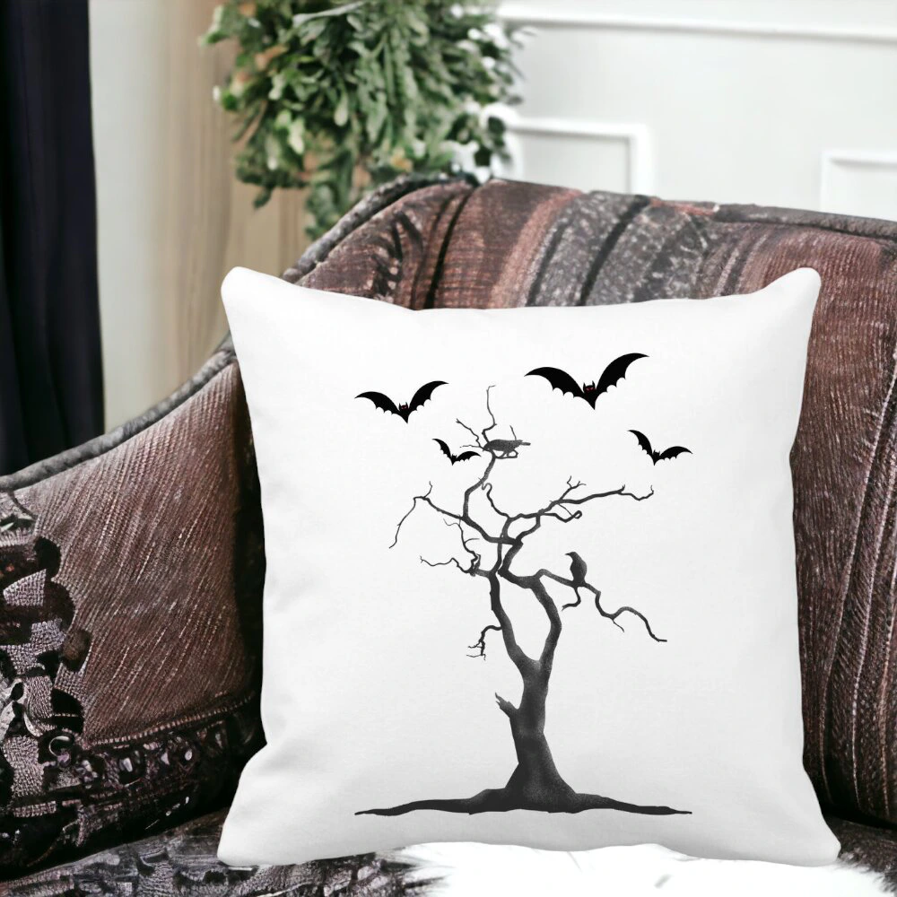Perna Decorativa cu motiv de Halloween 3, 40x40 cm, Alba, Mata, Husa Detasabila, Burduf 13 Alba