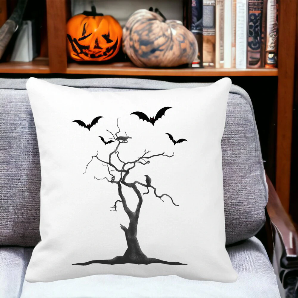 Perna Decorativa cu motiv de Halloween 3, 40x40 cm, Alba, Mata, Husa Detasabila, Burduf 14 Mata