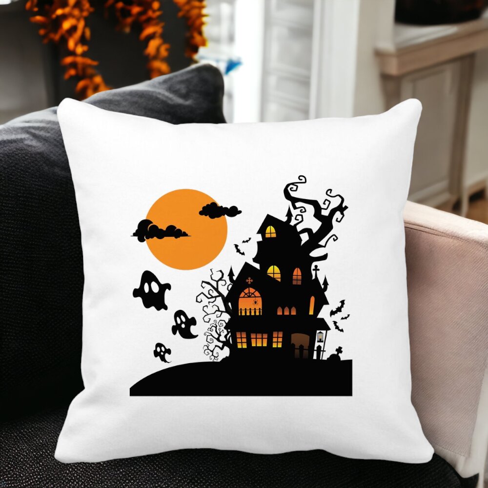 Perna Decorativa cu motiv de Halloween 4, 40x40 cm, Alba, Mata, Husa Detasabila, Burduf 12 40x40 cm