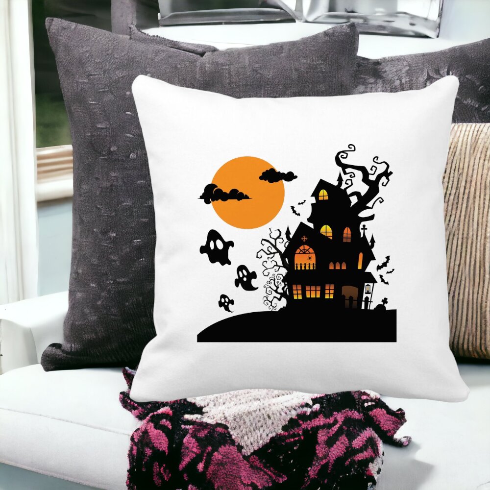 Perna Decorativa cu motiv de Halloween 4, 40x40 cm, Alba, Mata, Husa Detasabila, Burduf 13 Alba