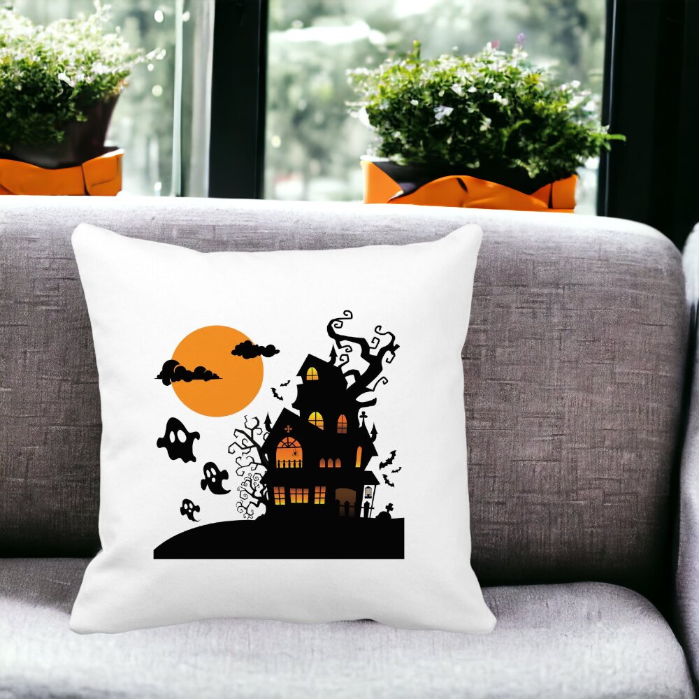 Perna Decorativa cu motiv de Halloween 4, 40x40 cm, Alba, Mata, Husa Detasabila, Burduf 14 Mata