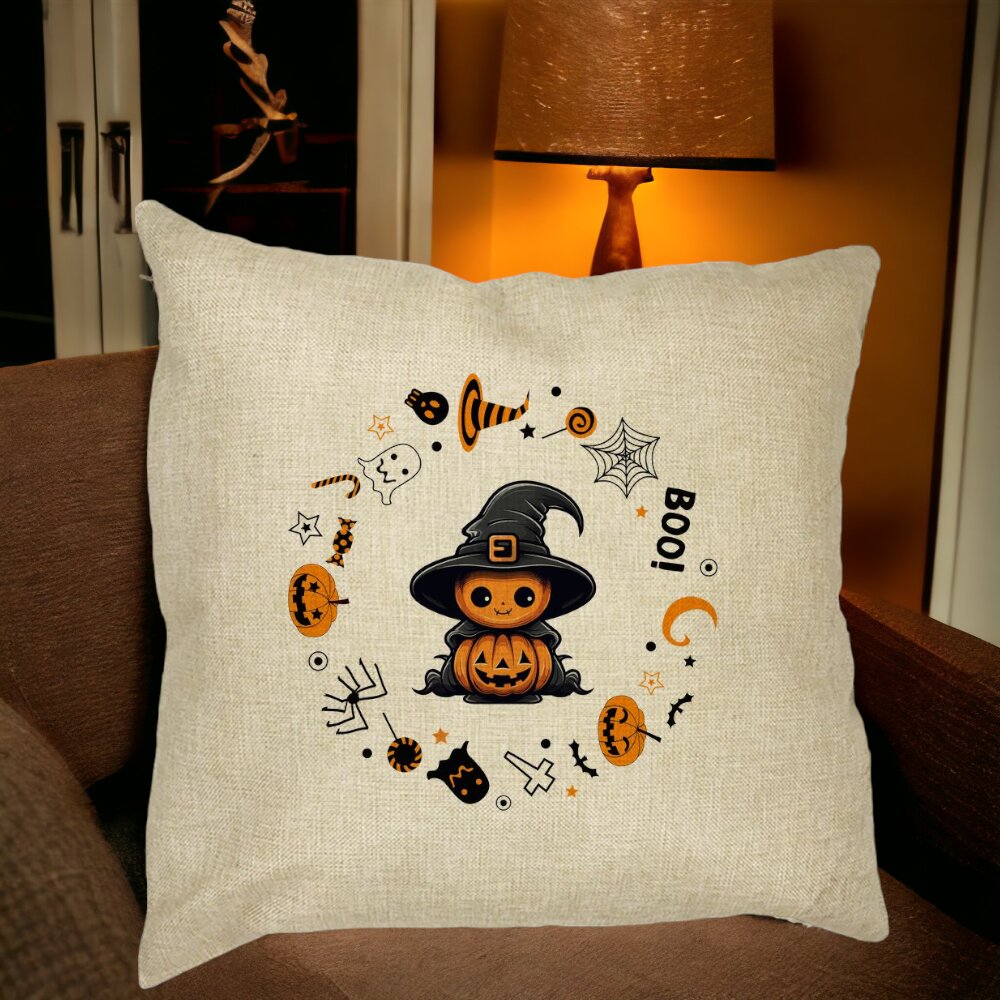 Perna Decorativa cu motiv de Halloween 7, 40x40 cm, Husa Detasabila, Burduf 14 Burduf