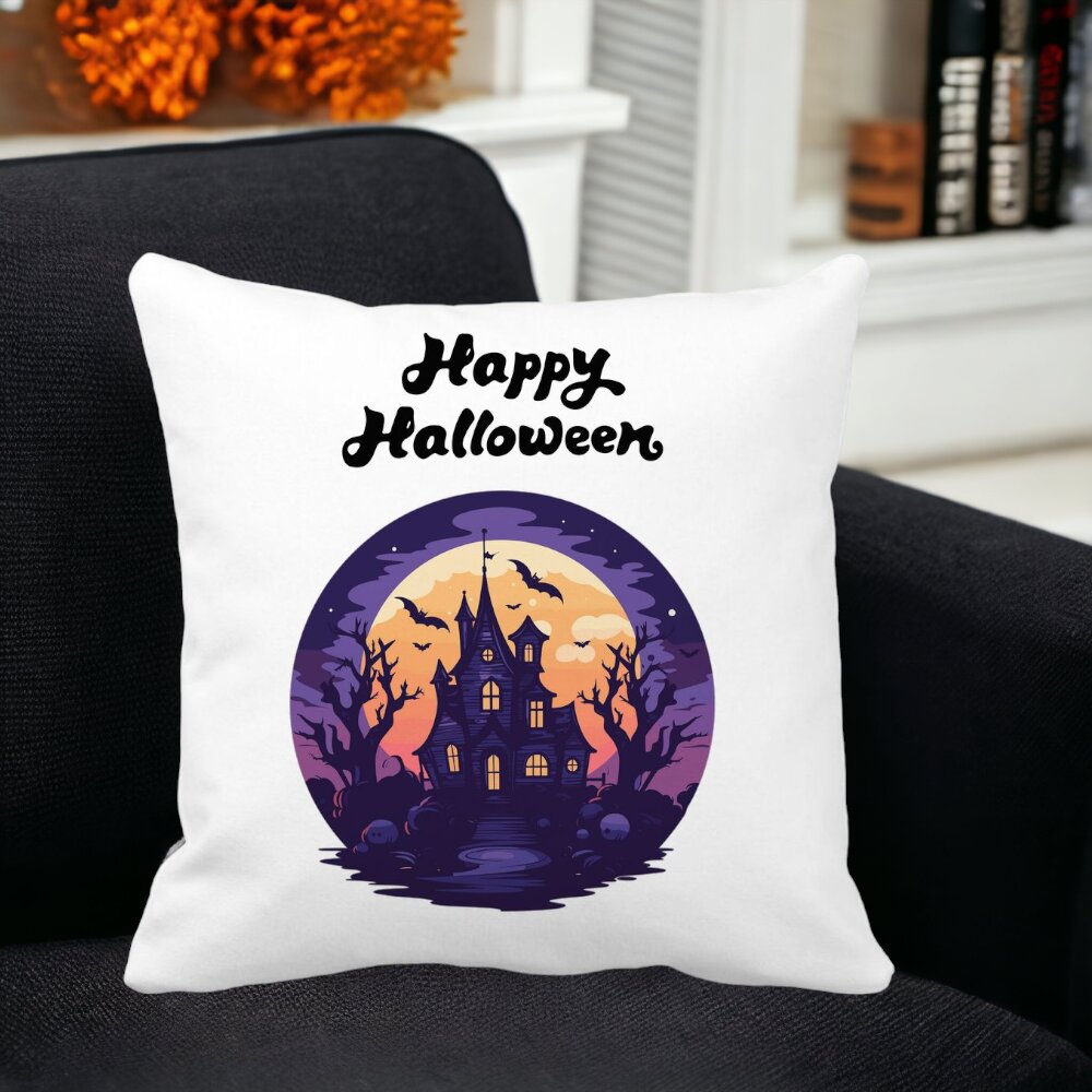 Perna Decorativa cu motiv de Halloween si Text, 40x40 cm, Alba, Mata, Husa Detasabila, Burduf 12 40x40 cm