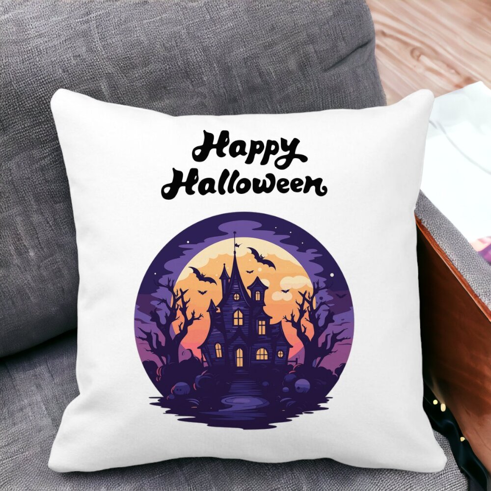 Perna Decorativa cu motiv de Halloween si Text, 40x40 cm, Alba, Mata, Husa Detasabila, Burduf 13 Alba