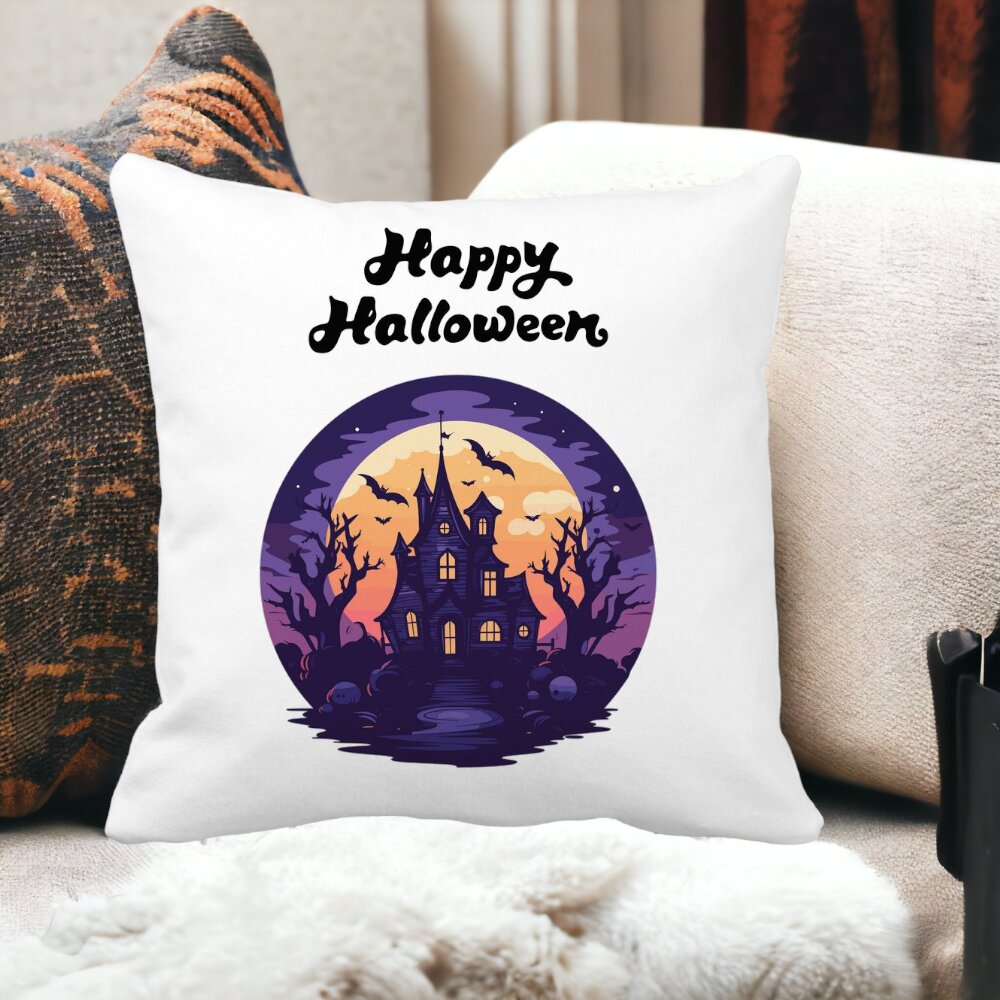 Perna Decorativa cu motiv de Halloween si Text, 40x40 cm, Alba, Mata, Husa Detasabila, Burduf 14 Mata