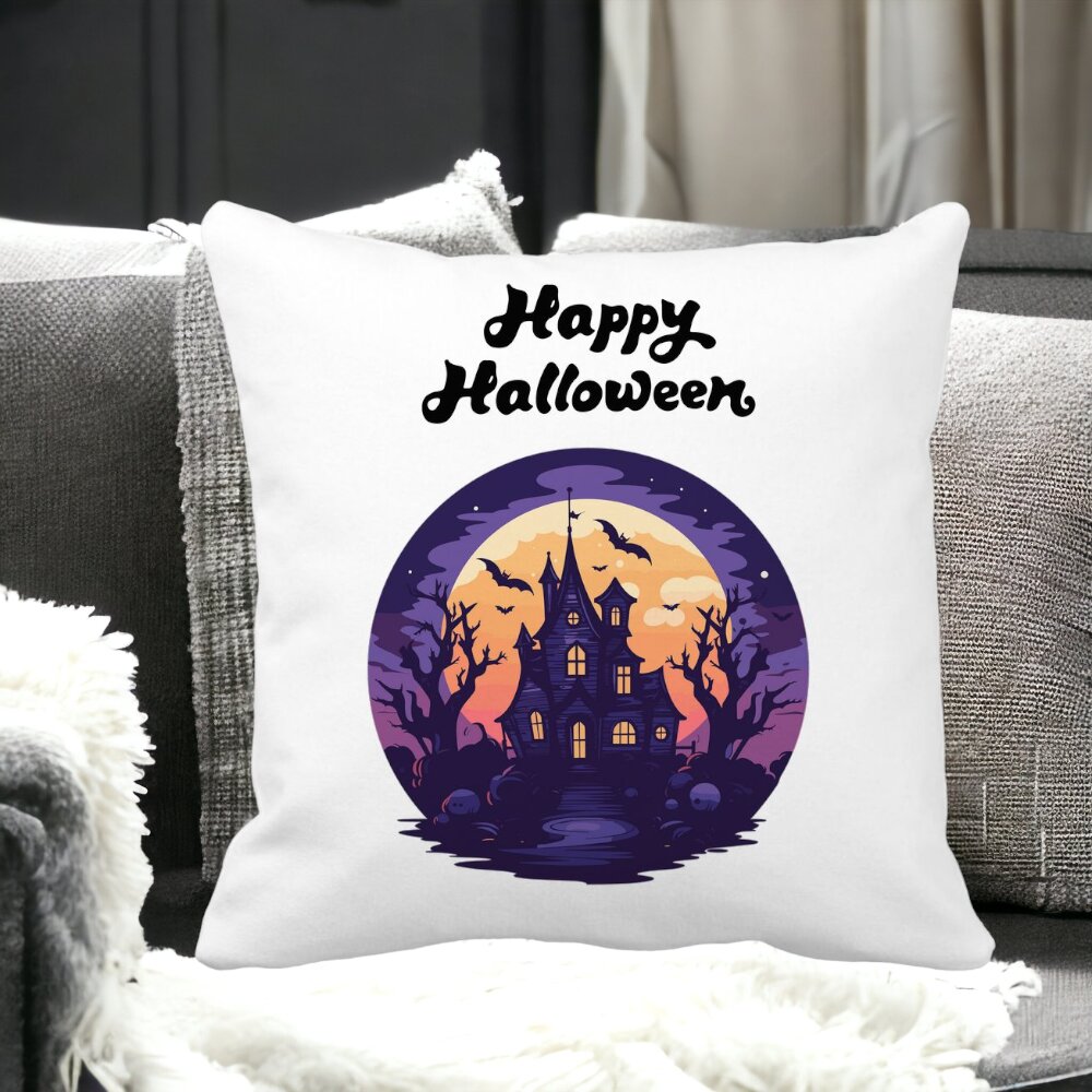 Perna Decorativa cu motiv de Halloween si Text, 40x40 cm, Alba, Mata, Husa Detasabila, Burduf 15 Husa Detasabila