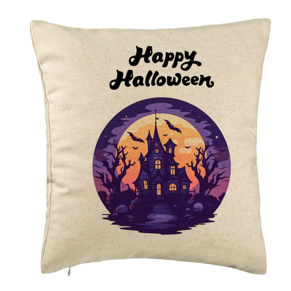 Perna Decorativa cu motiv de Halloween si Text, 40x40 cm, Bej, Husa Detasabila, Burduf 5 Perna Decorativa cu motiv de Halloween si Text