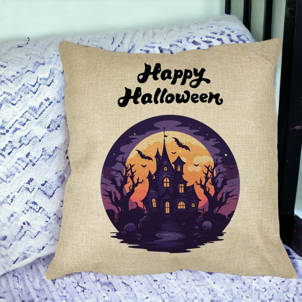 Perna Decorativa cu motiv de Halloween si Text, 40x40 cm, Husa Detasabila, Burduf 14 Burduf