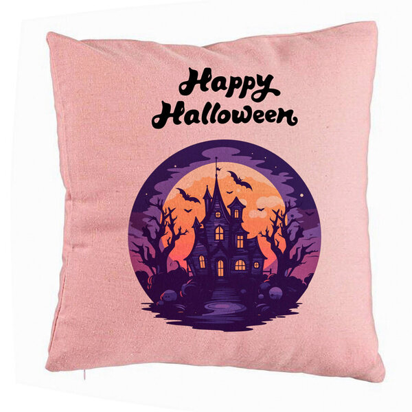 Perna Decorativa cu motiv de Halloween si Text, 40x40 cm, Roz, Husa Detasabila, Burduf 5 Perna Decorativa cu motiv de Halloween si Text