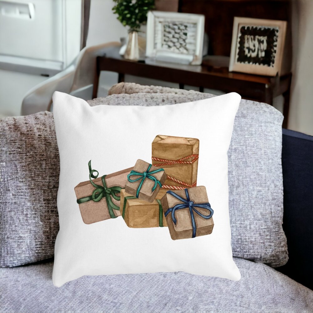 Perna Decorativa cu tematica de Craciun, Cadouri, 40x40 cm, Alba, Mata, Husa Detasabila, Burduf 12 Cadouri