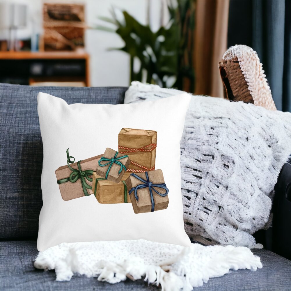 Perna Decorativa cu tematica de Craciun, Cadouri, 40x40 cm, Alba, Mata, Husa Detasabila, Burduf 15 Mata