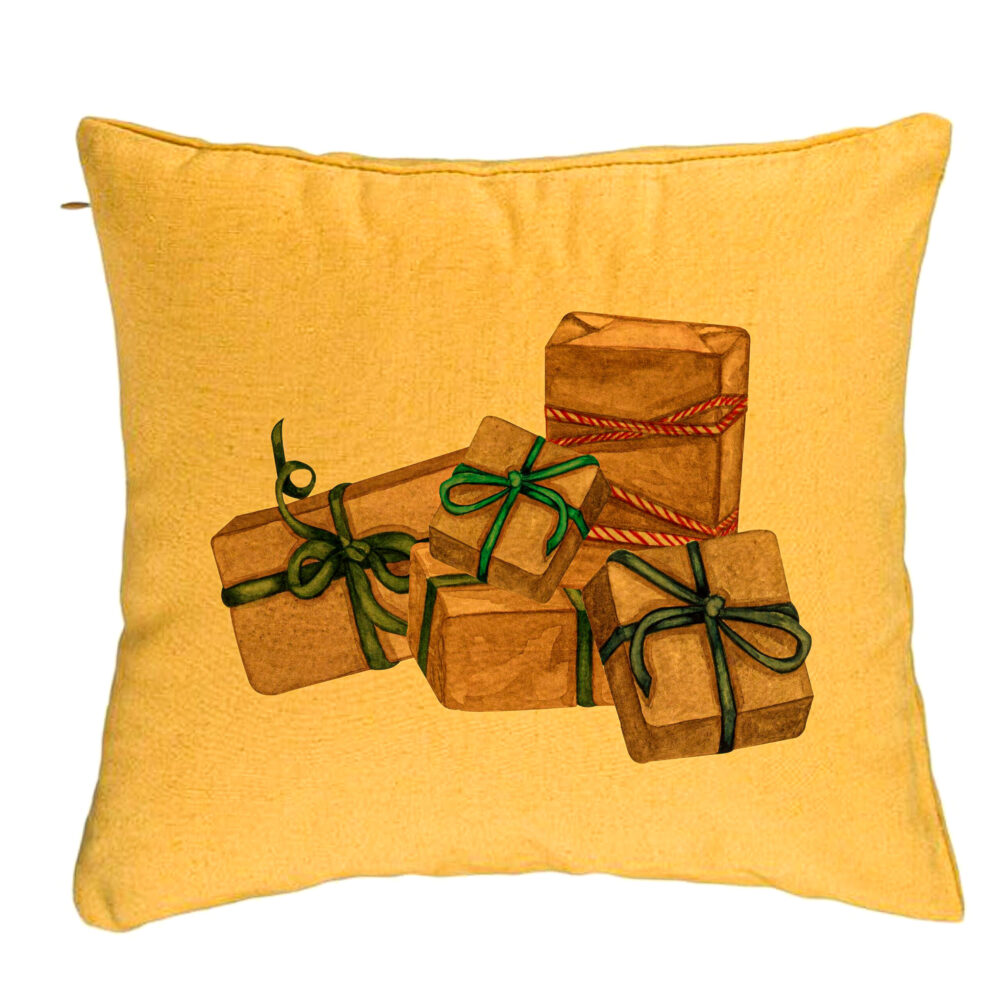 Perna Decorativa cu tematica de Craciun, Cadouri, 40x40 cm, Galben, Husa Detasabila, Burduf 5 Perna Decorativa cu tematica de Craciun