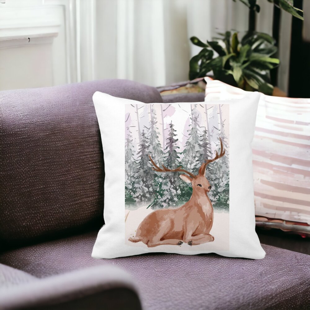 Perna Decorativa cu tematica de Craciun, Cerb, 40x40 cm, Alba, Mata, Husa Detasabila, Burduf 12 Cerb
