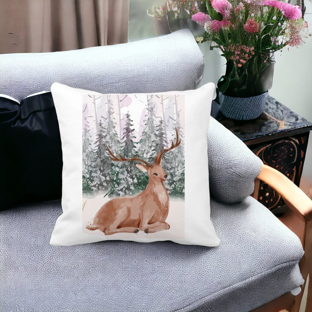 Perna Decorativa cu tematica de Craciun, Cerb, 40x40 cm, Alba, Mata, Husa Detasabila, Burduf 13 40x40 cm